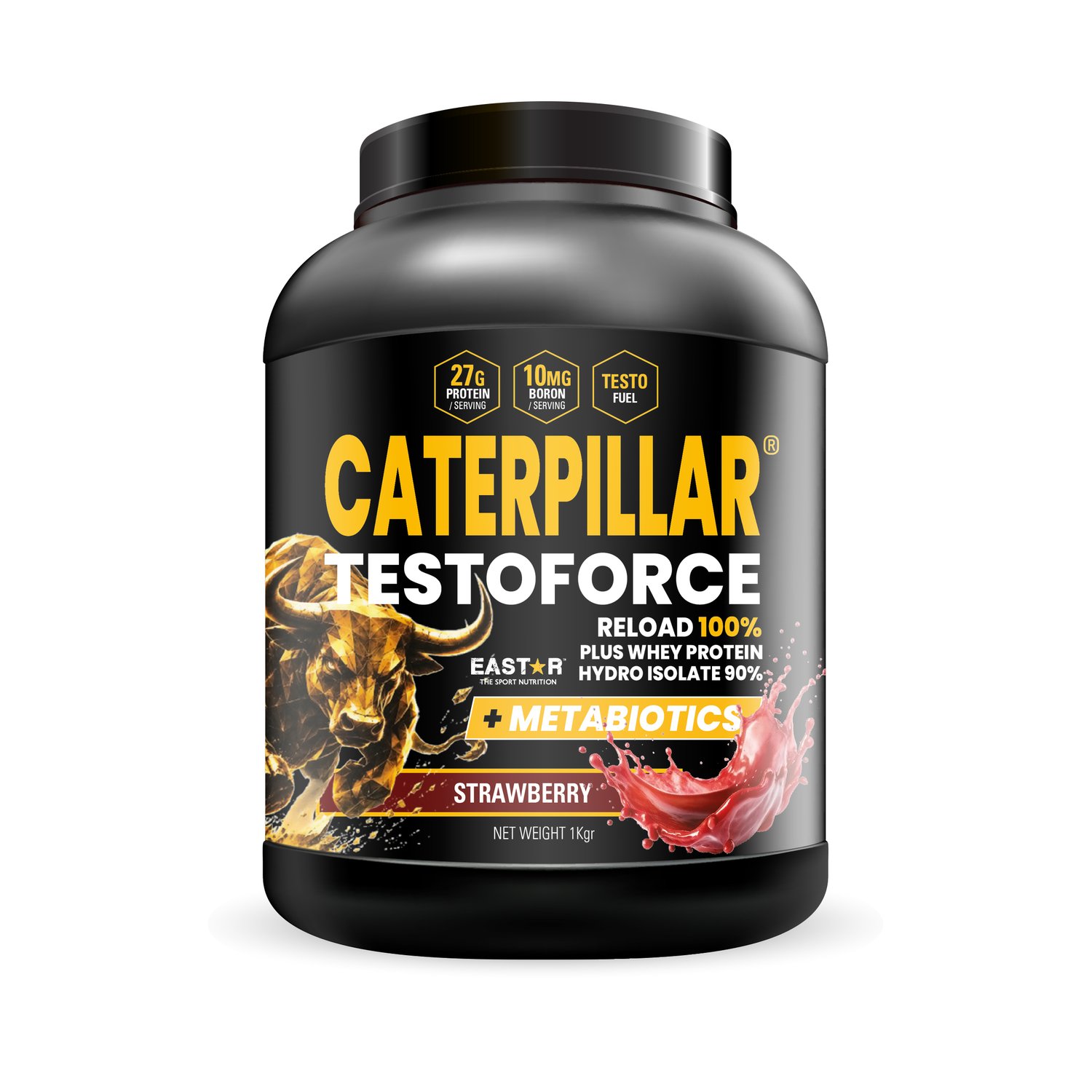 caterpillar-testoforce-strawberry-1kg-front.jpg CATERPILLAR Testoforce Reload 100% + Whey Protein Hydro Isolate 90% + Metabiotics – Γεύση Φράουλα 1kg - Image 1